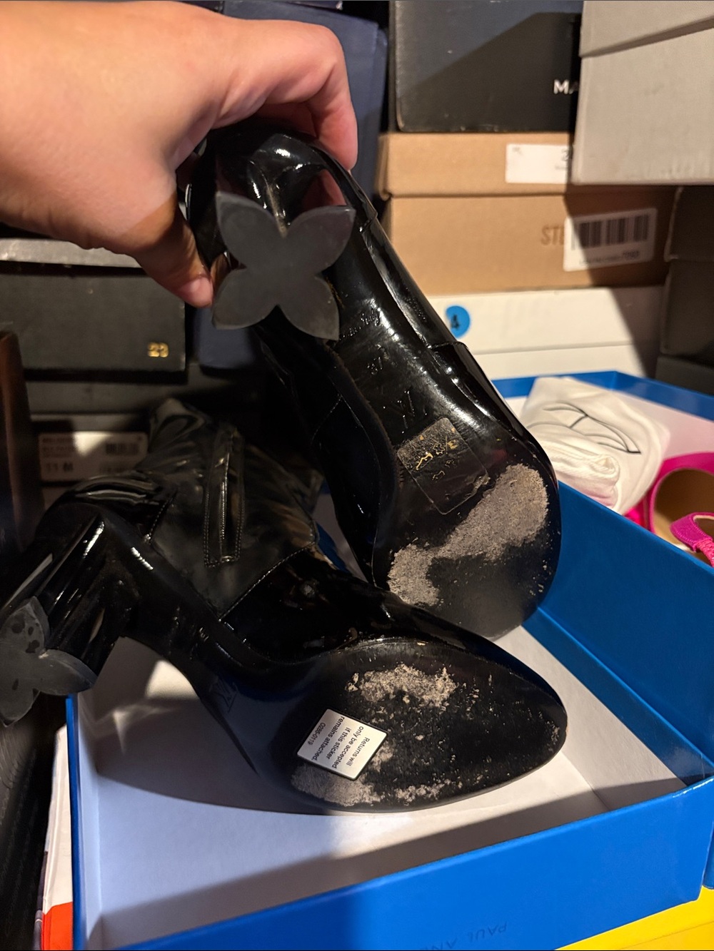 Black Patent Mid-Calf Block Heel Boots - Picture 8 of 13